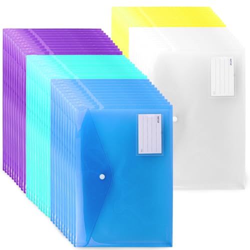 プラスチックファイルフォルダー スナップ留めプラスチック封筒 50枚 書類用フォルダー A4レターサイズ クリアフォルダー ファイルバッグ 再利用可能なドキュメントポーチ