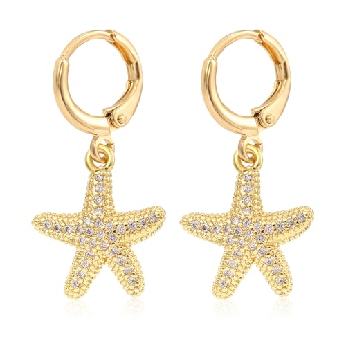 Boho Gold Starfish Earrings, Rhinestone Starfish Earrings Starfish Dangle Earrings Starfish Hoop Earrings for Women Gift Summer Beach Jewelry Decoration Trendy Jewelry Accessories