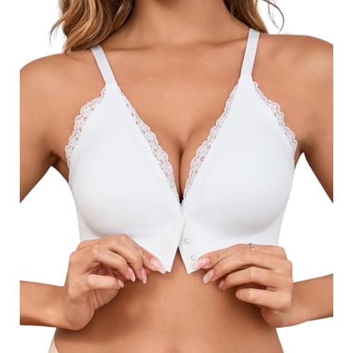 DEANGELMON Front Closure Bras for Women Wireless Lightly Padded Bralett Seamless Low Cut V-Neck Lightweight T-Shirts Bra Light Purple Small