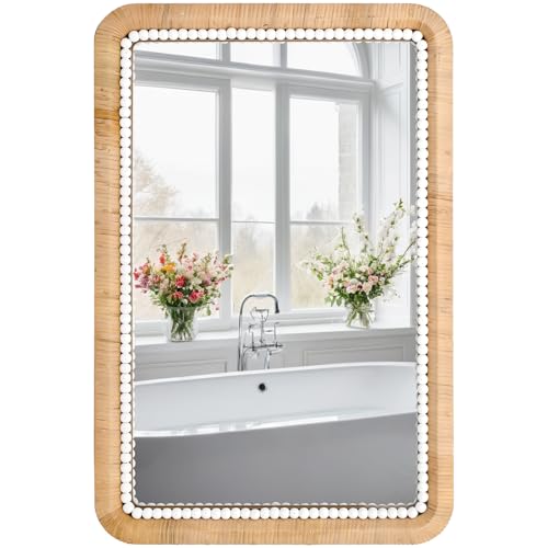 FUIN 30x20 Inch Rattan Wall Mirror with White Bead Trim,