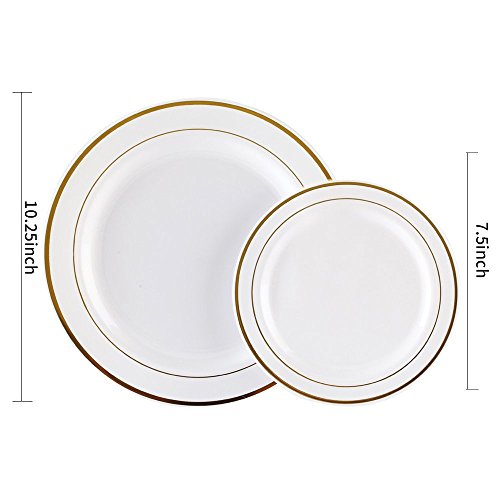 25 Guest Disposable Gold Party Dinnerware Set | Heavy Duty Plastic Plates & Silverware | Wedding Tableware Set Includes 50 Forks, 25 Spoons, 25 Knives, 25 Dinner Plates, 25 Dessert Plates (150 Pieces) #TOP2