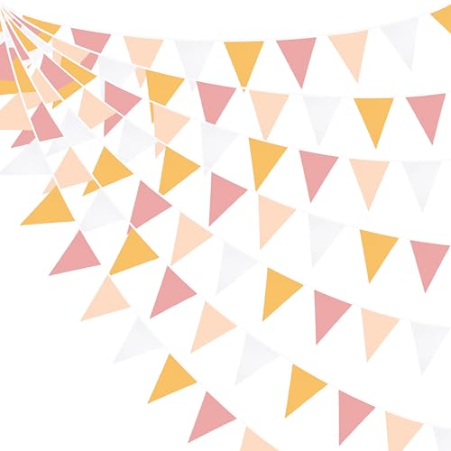 32Ft Jaune Rose Blanc Fanions Guirlande Bannière Décoration de Fête Rétro Bohême Marguerite Hippie Thème Tissu Triangle Drapeau Banderole pour...