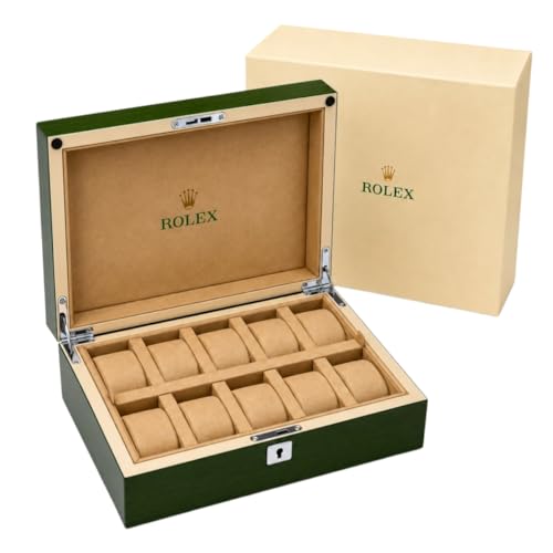 ROUHO Uhrenbox Displayetui Uhren Aufbewahrungshalter Hölzerne Organizer mit 10 Kissen Grün Oberfläche und Schloss und Schlüssel für Rolex Explorer & Explorer II