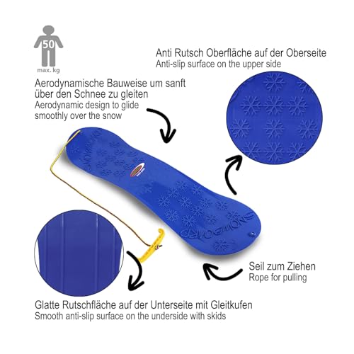 Jamara 460390 Snow Play Snowboard 72cm - aerodynamische Bauweise, Ziehschnur mit Griff, extra Glatte Rutschfläche auf der Unterseite mit Gleitkufen, Anti Rutsch Oberfläche auf der Oberseite