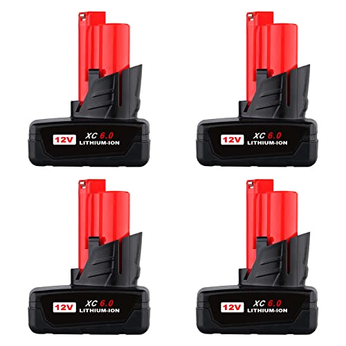Masione 4Pack 2V 6.0Ah Battery Replacement For Milwaukee M 12 Attery Lithium Lon Compatible With 48-11-2410 48-11-2420 48-11-2411 48-11-2401 48-11-2402C12 B C12Bx Milwaukee 12V Batteries #TOP23