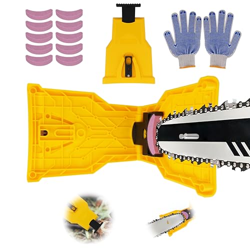 Affûteur de chaîne de tronçonneuse - Portable - Avec 10 pierres à aiguiser et une paire de gants - Aiguiseur de chaîne universel - Jaune