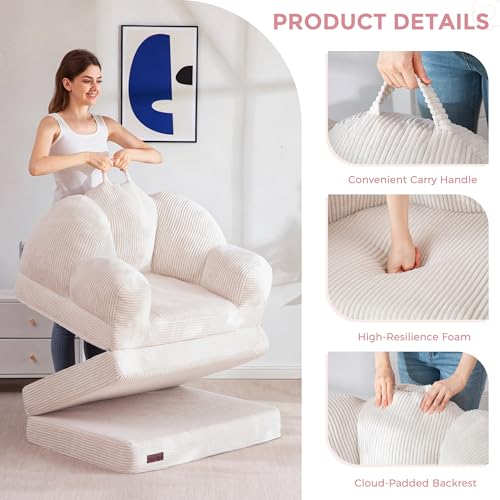 Image of MAXYOYO Folding Sofa Bed, Floral-Shaped Convertible Floor Sofa Couch with Backrest, 2 in 1 Comfy Lounger Bean Bag Chair with Handle, Floor Single Couch for Living Room Bedroom, Beige