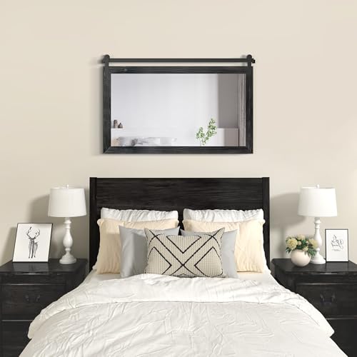 Image of COGOOD Farmhouse Bathroom Mirror - 49 x 30 Rustic Wood Framed Wall Barn Door Mirror for Entryway, Living Room, Entryway Wall Decor (Black)
