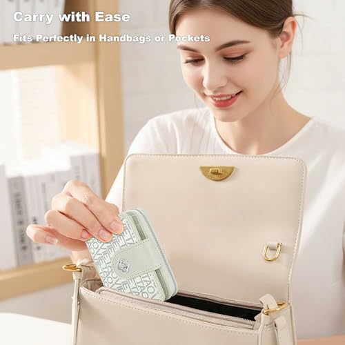 Image of Credit Card Wallets for Women, Leather Cardholder with Zipper Around, Small RFID Ladies Wallet, Accordion Compact Bifold Purse for Travel, 19 Card Slots, ID Window, Cash Organizer - White