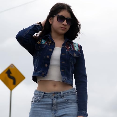 Tommy Lion Cropped Denim Jacket one size S/M, Aztec Merino Wool Fabric Yoke, Dark Blue2