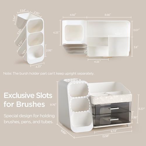 Image of HBlife Makeup Organizer with Brush Holder for Vanity, Large Plastic Bathroom Countertop Organizer Skin Care Storage, Easy to Store Lipsticks, Nail Polishes, Perfumes, Eyeshadow Palettes, Pearl White