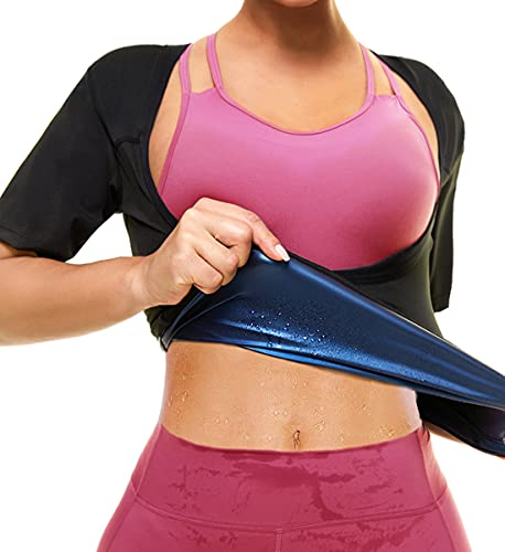 Sweat Sauna Shirt for Women with Short Sleeves Waist Trainer Vest Workout Tops Heat Trapping Body Shaper Black