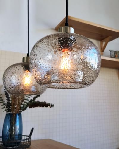 Image of CASAMOTION Handblown Glass Pendant Lighting Drop Ceiling Lights, Modern Rustic Hanging Light Clear Seeded Glass with Black Marble, Brushed Nickel Finish, 8.7 Inch Diameter