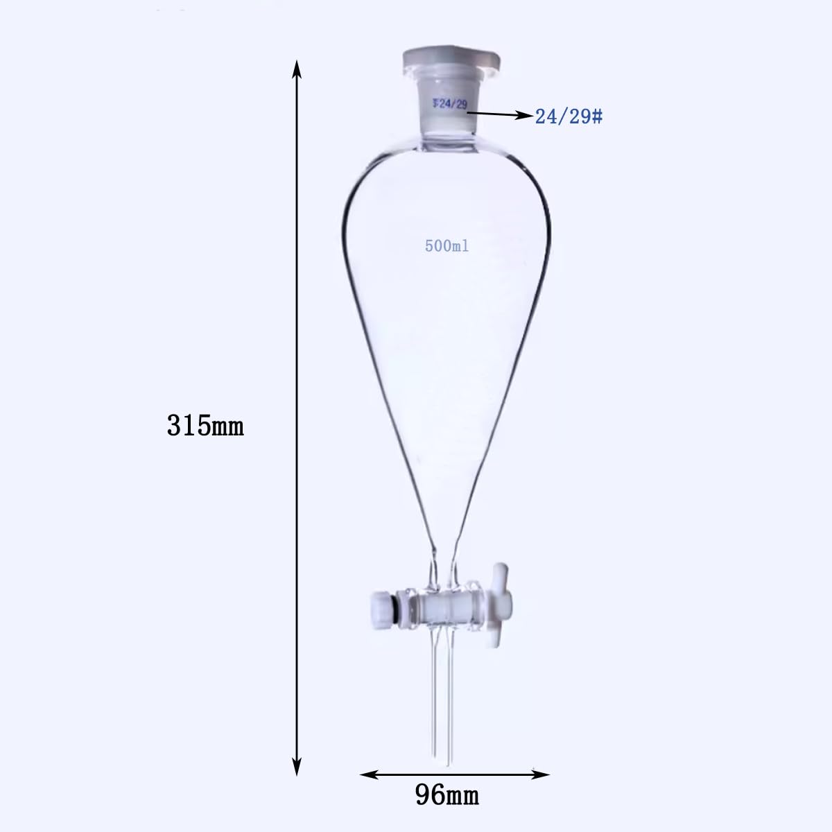Lab Separating Funnel with PTFE Stopcock Valve Borosilicate Glass Heavy Wall Pear-Shaped Conical Separating Funnel 24/29 Joint Size (500ml)