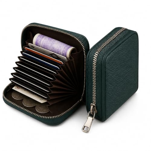 Image of VEMILIO Vegan Leather Zipper Wallet for Men & Women | 9 Card Slots | 2 Cash Compartments | Stylish Slim Credit Card Holder Purse | Travel Friendly Compact Wallet Gift for Boys Girls (Green)