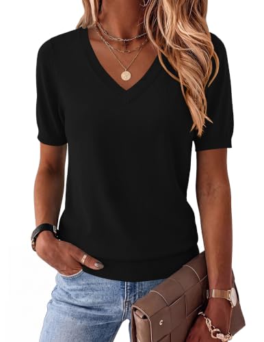 Zeagoo Spring Sweaters for Women 2026 Summer Lightweight Sweater Travel Short Sleeve V Neck Tops Dressy Casual Blouses Black
