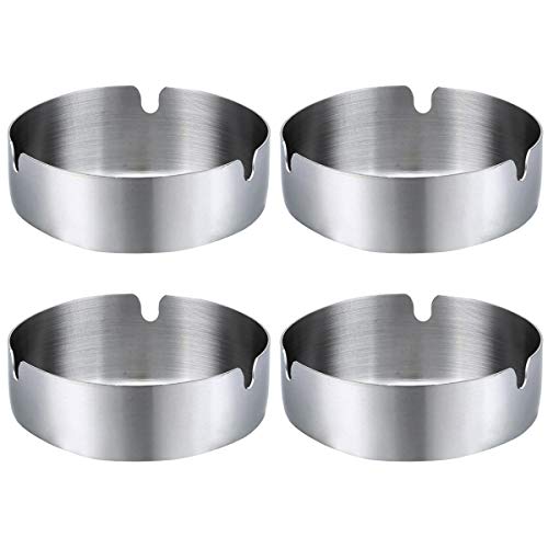 Milcraft Round Stainless Steel Cigarette Cigar Ashtray Set - Pack of 4 Deluxe Ashtrays for Outdoors and Home