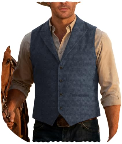 Garqia Clyon Men's Tweed Suit Notch Lapel Vintage Business Vest Herringbone Wool Prom Waistcoat Groomsmen Light Navy,L