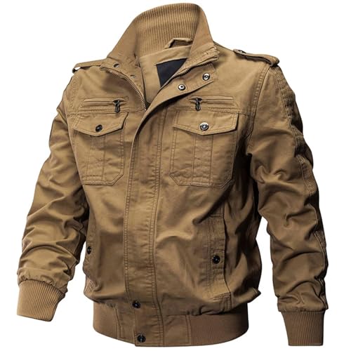 Image of Jinsha Men's Smart Casual Cotton Classic Jacket Fall Hiking Climbing Zipper Military Transition Bomber Jackets for Men UK Multi Pockets Outdoor Windproof Coat Work Cargo Outerwear Khaki XL
