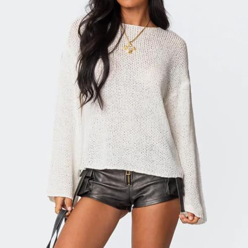 Women Y2K Knit Sweater Drop Shoulder Lightweight Boat Neck Loose Fit Oversized Sheer Knit Sweater Pullover Knitwear2