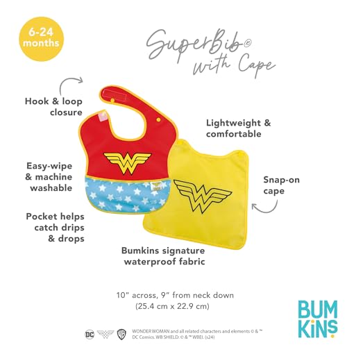 Bumkins Bib for Girl or Boy, Baby and Toddler for 6-24 Months, Essential Must Have for Eating, Feeding, Baby Led Weaning, Mess Saving Waterproof Soft Fabric, SuperBib with Cape, Wonder Woman DC Comics