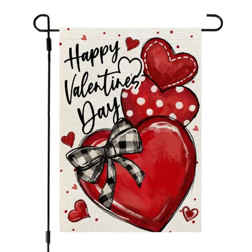 CROWNED BEAUTY Valentines Day Hearts Garden Flag 12x18 Inch Double Sided for Outside Small Burlap Love Red Holiday Yard Decoration