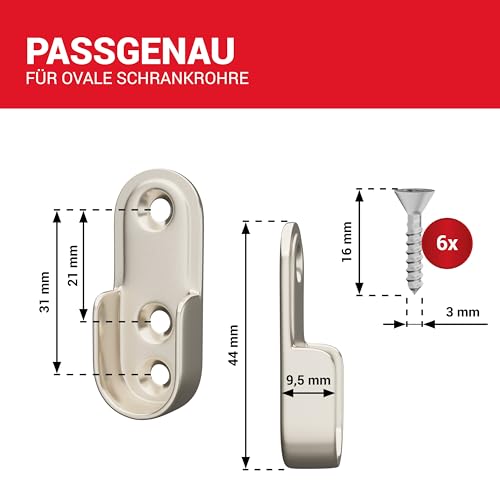 LouMaxx Kleiderstange Halterung 2er Set robuste Kleiderstangenhalter Zinkdruckguss, vernickelt - Kleiderstangen Halterung Schrank für ovale Schrankrohre 15 mm, Schrankrohrlager inkl. Schrauben