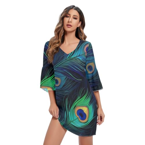 Robe d'été en mousseline de soie à imprimé plumes de paon