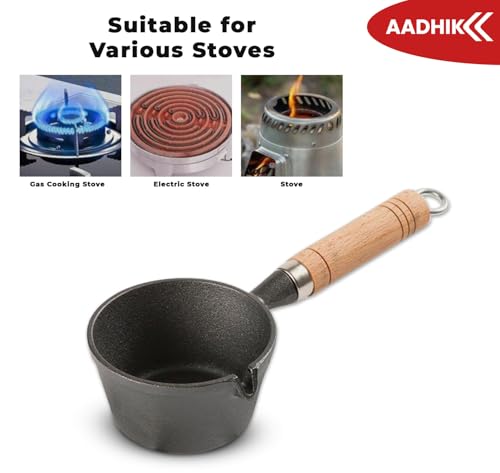 Image of AADHIK Cast Iron Tadka Pan Vaghar Chounk Pan | Small Frying Tempering Kadai | Kitchen Accessories | 100 ml Pre Seasoned Iron Pan | Gas Stove Compatible for Dal Spices & Quick Fry
