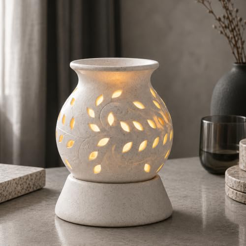 Image of BRAHMZ Ceramic Electric Aroma Oil Diffuser with Bulb - Ancient Matki Style Essential Oil Burner for Home, Bedroom, Pooja Room & Office | 12cm, White
