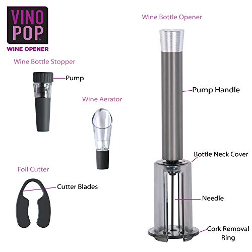 Vino Pop Wine Opener- Air Pressure Pump Bottle Opener, Foil Cutter, Aerator Pour Spout & Vacuum Seal Stopper, Storage Bag- No Corkscrew, Batteries Or Co2 Cartridges Needed #TOP4