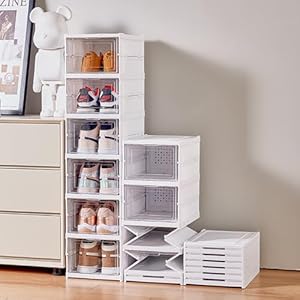 Foldable Shoe Rack Organizer Size up to 14No Assembly Stackable Shoe Storage Box with DoorsFree Standing Plastic Space Saving Shoe Cabinet Bins Dustproof 6 Tiers