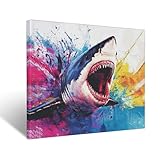 Shark Canvas Wall Art Ocean Animal Painting Colorful Shark Pictures Framed for Bathroom Bedroom Living Room Sharks Home Office Coastal Nautical Wall Decor 12'x16'