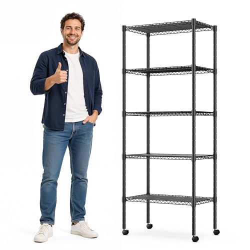 Image of Simple Deluxe 5-Tier Heavy Duty Adjustable Shelf with Wheels, 23.23 inchW x 13.39 inchD x 59.45 inchH,Metal Storage Rack, Easy Tool-Free Assembly for Garage, Warehouse, Basement, Laundry, Black