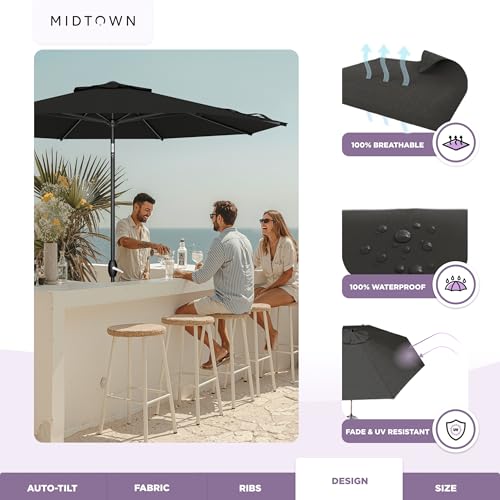 Image of Midtown Umbrellas - The Lean 8 Ft Patio Umbrella with Acrylast Acrylic Fabric, Auto-Tilt Aluminum Frame & 8 Sturdy Ribs - Outdoor Umbrella for Deck, Pool, Hotel & Cafes - Eclipse Canopy, Black Pole