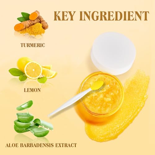 turmeric lemon lip scrub with brush lip scrubber exfoliator for dark lips dry chapped lips reduce fine lines natural nourish sugar lip scrub with aloe vera deep hydration moisturization 100g