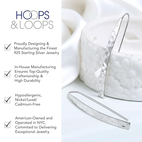 Hoops & Loops 925 Sterling Silver High Polished Hammered Long Flat Bar Threader Drop Earrings for Women, Silver, Yellow & Rose Gold3