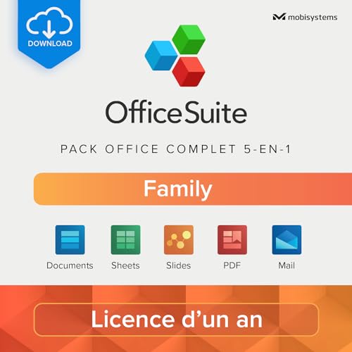OfficeSuite Family | Pack office 5-en-1 | Documents, Sheets, Slides, PDF, Mail et Calendrier | Licence d'un an | 1 appareil Windows et 2 appareils mobiles | 6...