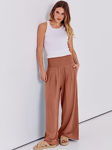 Image of ANRABESS Women Linen Palazzo Pants Summer Boho Wide Leg High Waist Casual Lounge Pant 2026 Beach Travel Vacation Outfits