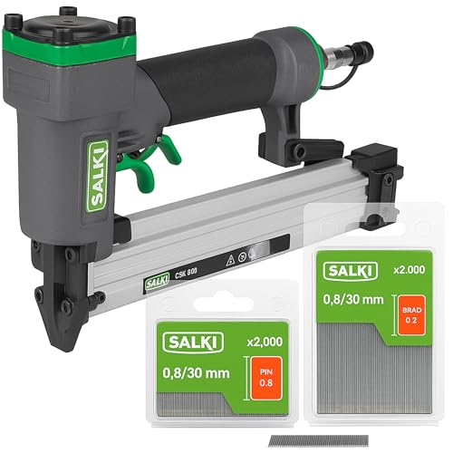 SALKI Druckluft-Nagler CSK PB08 + 2.000 Stifte Pin 0,8 x 30 mm + 2.000 Brad-Nägel 0,8 x 30 mm | Druckluft-Nagelpistole | Klammergerät für Schreiner- und Holzarbeiten