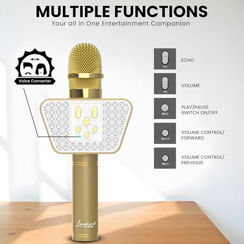 Image of LANDMARK BT55 Handheld Wireless Singing Mic Multi-Function Bluetooth Karaoke Microphone with Inbuilt Bluetooth Speaker, Recorder for Smart Phones, Laptop, Tablet - Golden
