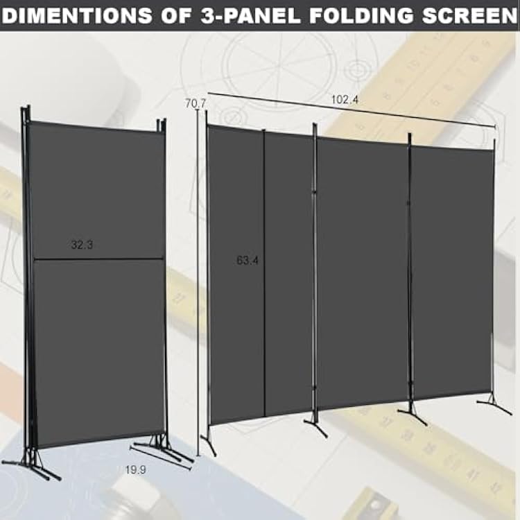3-Panel Folding Privacy Screen, 6 Ft Portable Room Divider for Separating Spaces,102 W x 70 H Freestanding Partition Room Panel,Grey