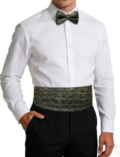 Image of Paisley Floral Tuxedo Cummerbund Bow Tie Pocket Square Set for Men | 3-piece set:cummerbund,bow tie&pocket square.Adjustable back for comfort.Silk blend,wedding,proms,black tie&formal events.