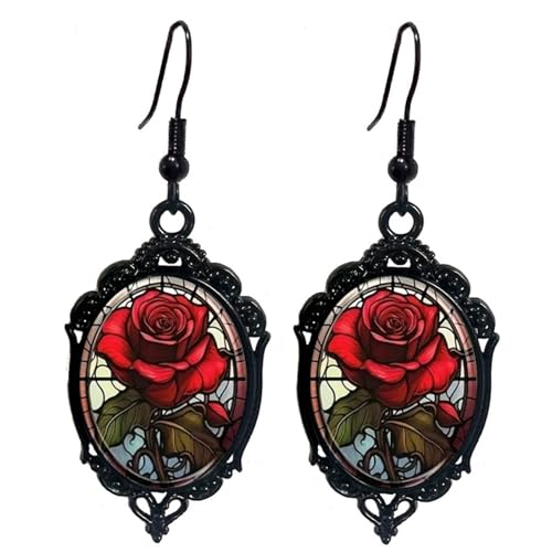 Gothic Rose Cameo Dangle Earrings,Vintage Crystal Glass Flower Drop Earring Dark Punk Style Rose Earring Victorian Mystic Jewelry Accessories for Women - Main Image