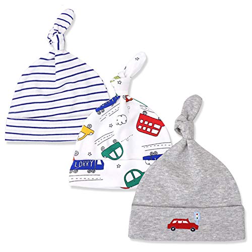Snyemio Berretto Neonato 3 Pacchetti Bambino Beanie Nodo Cappello Cotone Ragazzi Ragazze Regolabile 0-6 MESI, Gris A,Taille Unique Cover
