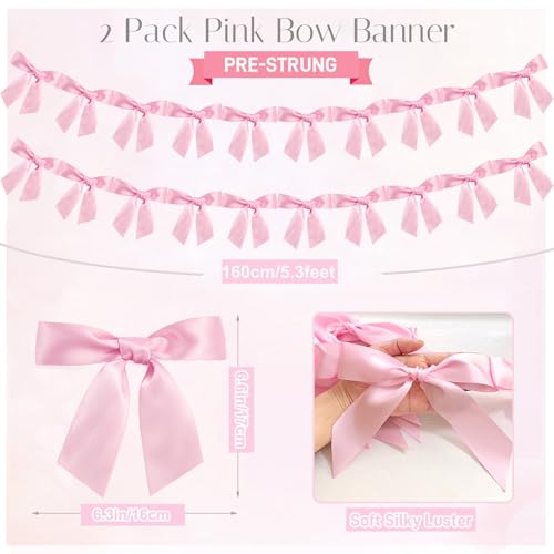 Image of 2pcs Bow Garland Banner Ribbon Bow Party Decor for Baby Shower Women Girls Bow Coquette Birthday Party Decorations (Pink)