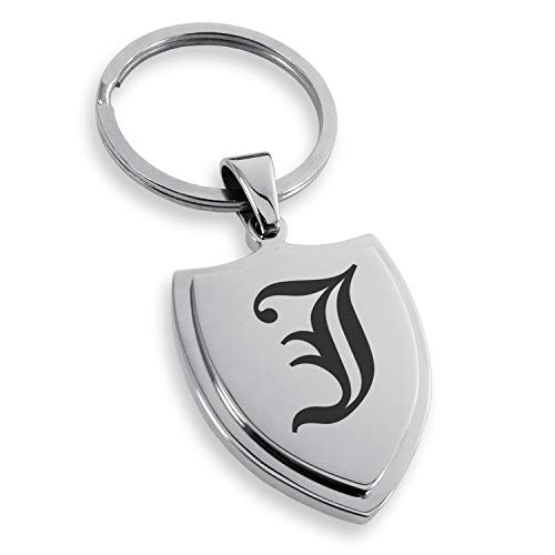Stainless Steel Letter J Initial Old English Monogram Shield Keychain Keyring