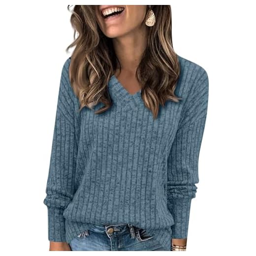 Womens Oversized Sweaters Long Sleeve Top V Neck Sweaters Ribbed Knit Solid Color Tunic Sweatshirts Fall Winter Lightweight Pullover Blouses