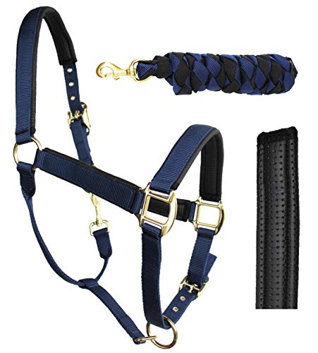 CHALLENGER Nylon Horse Neoprene Padded Navy Adjustable Halter w/Brass Hardware 606173NV