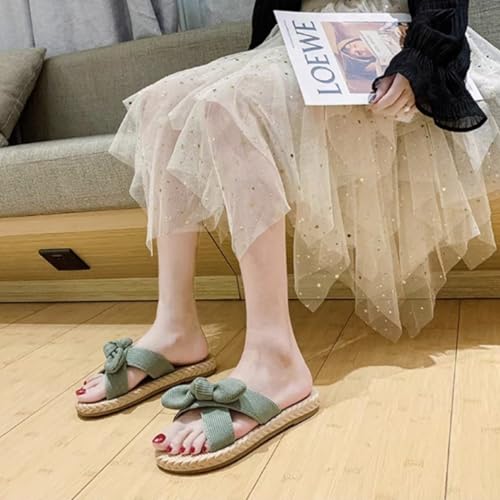 Women's Open Toe Slide Slippers with Cute Bow, Summer Crossband Linen Sandal Slippers, Slip-on House Shoes4